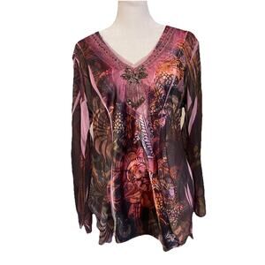 Y2K Bleu VTG Sheer Artsy Whimsy Fairycore Embellished Top Tunic L